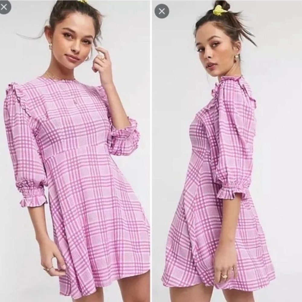 FAITHFULL THE BRAND Edwina Pink Check Ruffle Spring Mini Dress